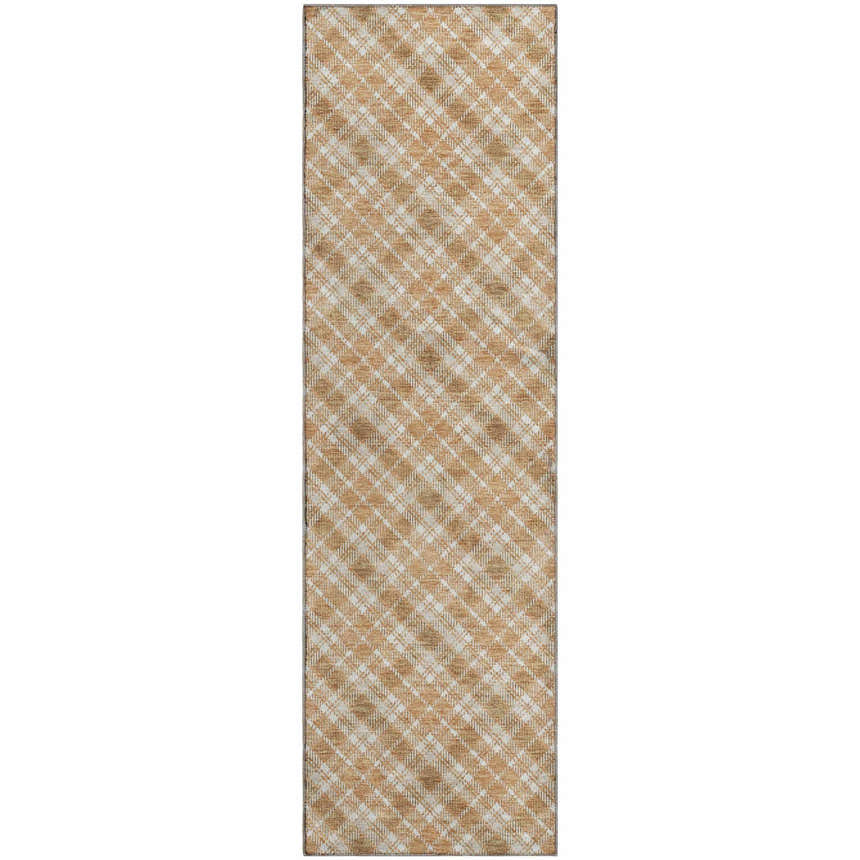 Close-up of a Dalyn Luxury Soft Essentials SE3 Copper Washable Area Rug. Caramel color with a plaid pattern. Farmhouse style.