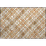 Close-up of Dalyn Luxury Soft Essentials SE3 Copper Washable Area Rug. Caramel and white plaid pattern. Farmhouse style.
