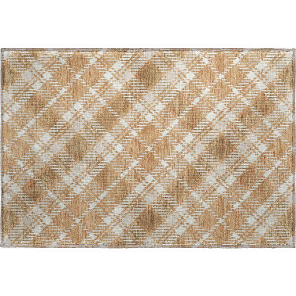 Close-up of Dalyn Luxury Soft Essentials SE3 Copper Washable Area Rug. Caramel and white plaid pattern. Farmhouse style.