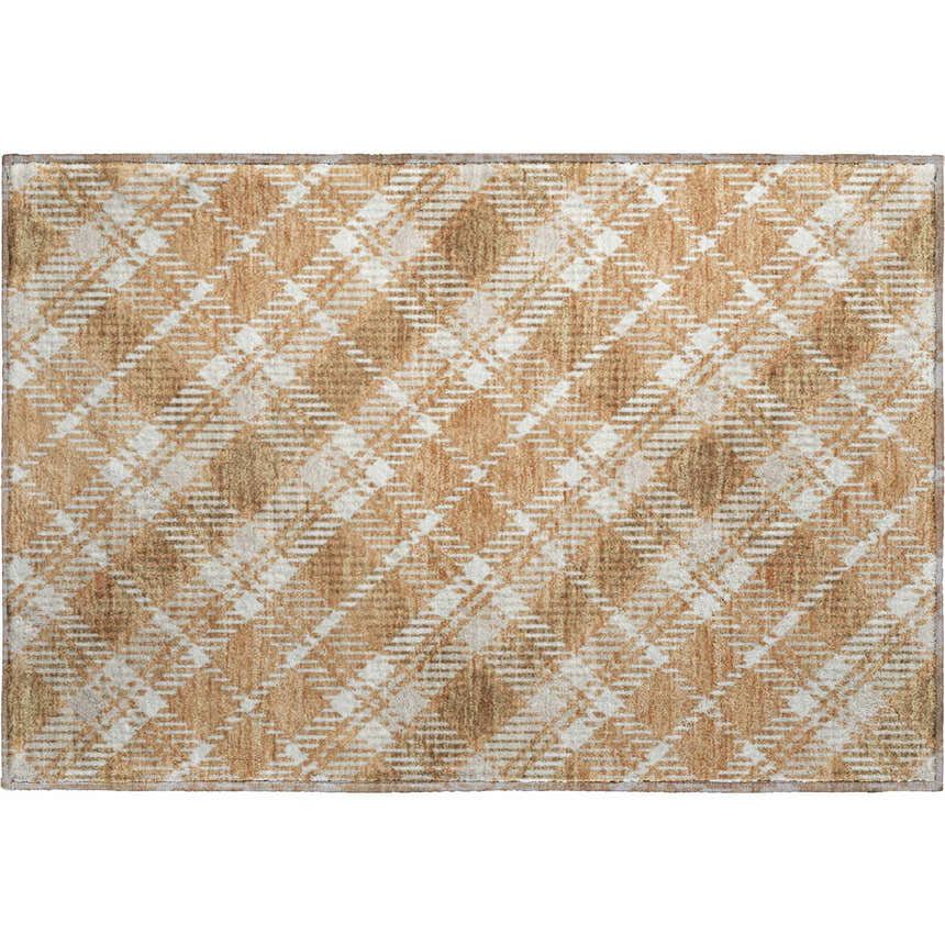 Close-up of Dalyn Luxury Soft Essentials SE3 Copper Washable Area Rug. Caramel and white plaid pattern. Farmhouse style.
