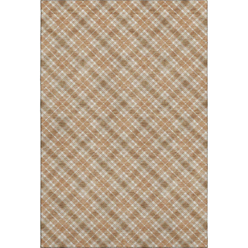 Close-up of the Dalyn Luxury Soft Essentials Copper rug. Caramel and cream plaid pattern. Machine-made texture.