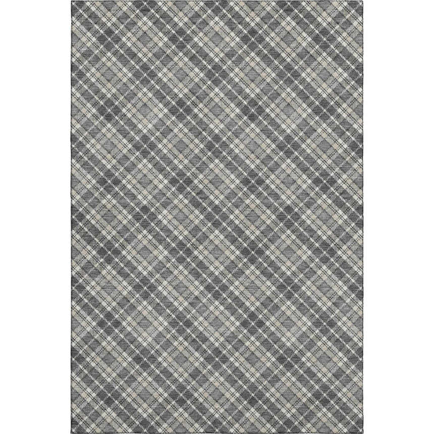 Close-up of Dalyn Luxury Soft Essentials SE3 Gray Washable Area Rug. Gray and taupe plaid pattern. Farmhouse style.