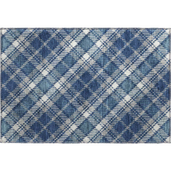 Close-up of the Dalyn Luxury Soft Essentials SE3 Navy Washable Area Rug featuring a blue, gray, and white plaid design.
