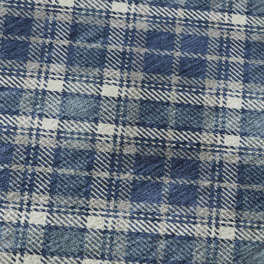 Close-up of the Dalyn Luxury Soft Essentials SE3 Navy Washable Area Rug featuring a blue, gray, and white plaid pattern.