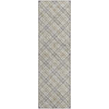 Close-up of a taupe Dalyn Luxury Soft Essentials area rug with a classic farmhouse-style plaid pattern.