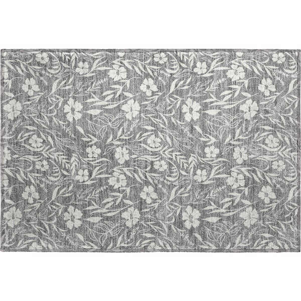 Dalyn Luxury Soft Essentials SE4 Gray Washable Area Rug with a taupe floral and leaf pattern. Farmhouse style.
