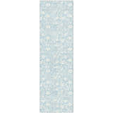 Close-up of Dalyn Luxury Soft Essentials SE4 Sky Washable Area Rug; sky blue with white floral pattern. Farmhouse style.