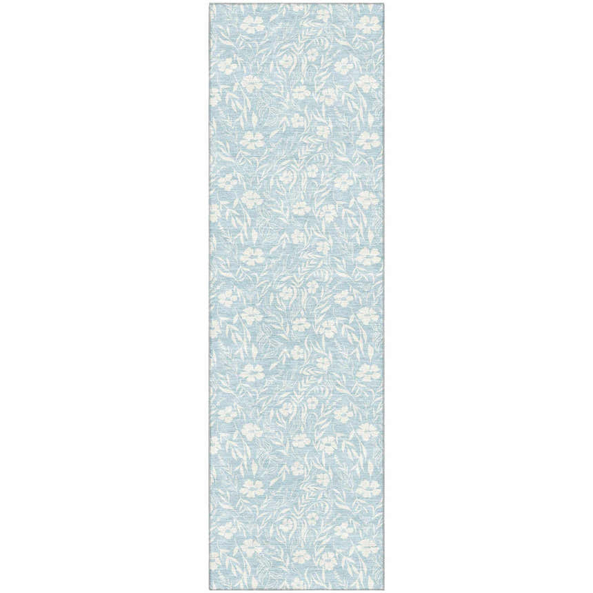 Close-up of Dalyn Luxury Soft Essentials SE4 Sky Washable Area Rug; sky blue with white floral pattern. Farmhouse style.