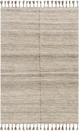 Close-up of the hand woven Anaya Beige Area Rug with a subtle pattern and decorative tassels. Farmhouse style. Design-Rectangle-576