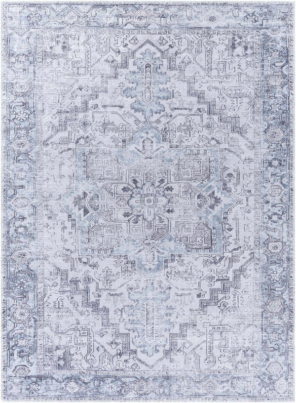 Close-up of the Nadia Silver Gray Area Rug, featuring light purple, silver, and gray traditional patterns. Design-Rectangle-537