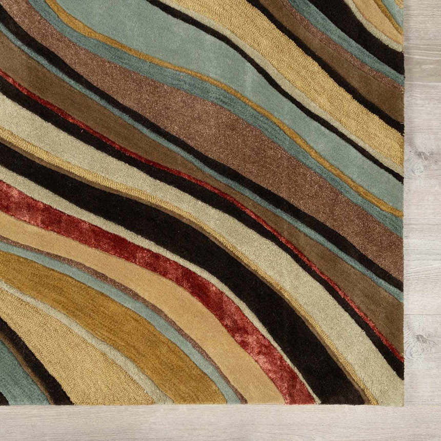 Close-up of Seminole Area Rug, featuring beige, black, burgundy, brown, mustard, olive, taupe and teal wavy stripes. Swatch