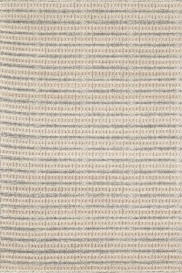 Close-up of the Laleh Cream & Black Area Rug showing its woven texture, cream and beige hues, and thin black stripes. Design-Rectangle