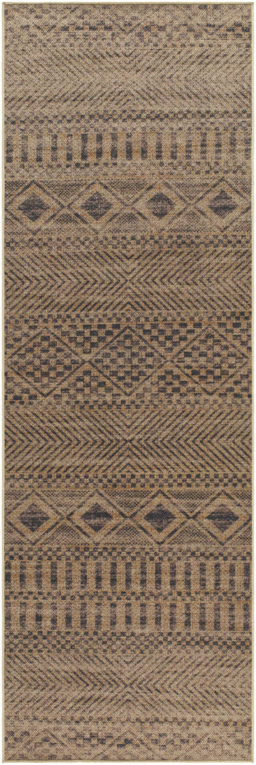 Close-up of the Ammar Washable Area Rug. Farmhouse style rug in camel, light brown, and dark brown with geometric patterns. Design-Runner-268