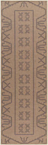 Close-up of the Anuja Washable Jutely Rug. Runner rug in natural jute with a dark gray geometric pattern. Farmhouse style. Design-Runner-268