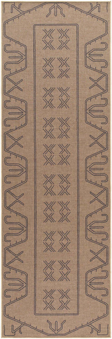 Close-up of the Anuja Washable Jutely Rug. Runner rug in natural jute with a dark gray geometric pattern. Farmhouse style. Design-Runner-268