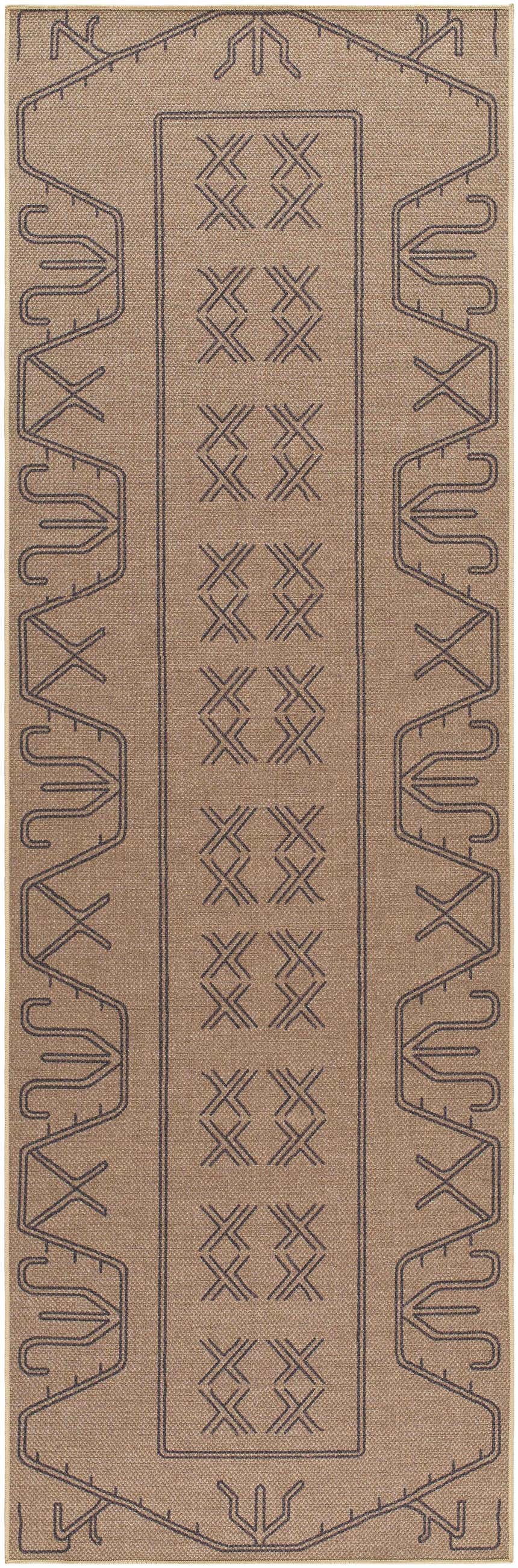 Close-up of the Anuja Washable Jutely Rug. Runner rug in natural jute with a dark gray geometric pattern. Farmhouse style. Design-Runner-268
