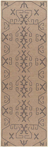 Close-up of the Hamid Washable Jutely Rug. Camel jute rug with a dark brown geometric pattern. Farmhouse style. Design-Runner-268