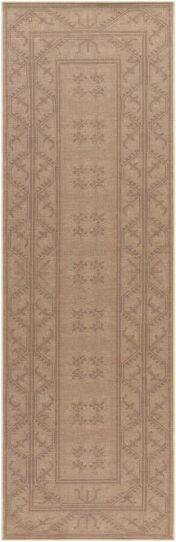 Close-up of the Naja Washable Area Rug in tan. Farmhouse style rug with traditional geometric patterns and a woven texture. Design-Runner-268
