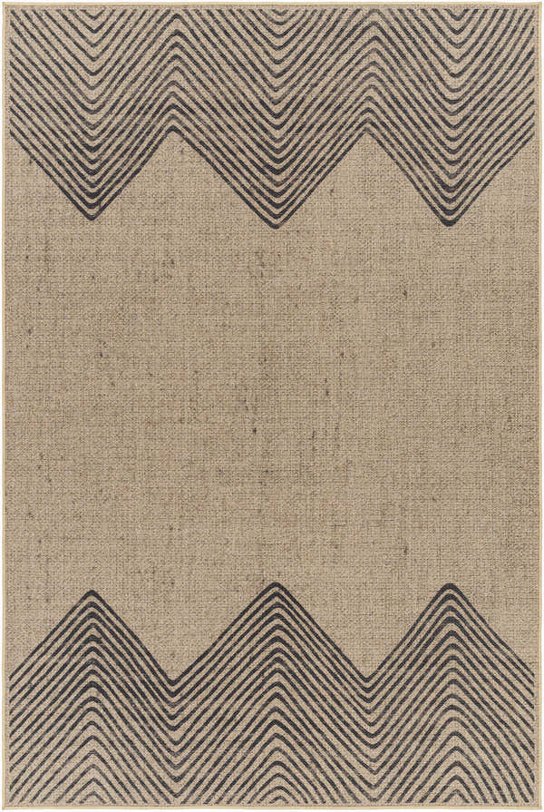 Close-up of the Suzy Washable Jutely Rug in natural jute with a charcoal geometric chevron pattern. Design-Rectangle-58