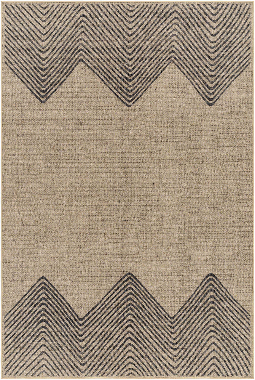 Close-up of the Suzy Washable Jutely Rug in natural jute with a charcoal geometric chevron pattern. Design-Rectangle-58