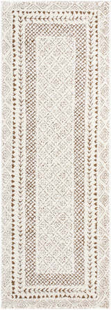 Close-up of Julio Scandi Boho Area Rug. Features a geometric diamond pattern in beige and brown hues. Machine woven texture. Design-Runner-2773