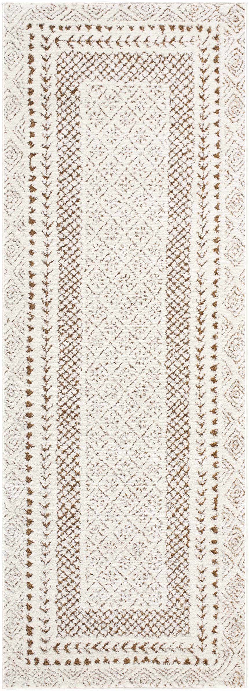 Close-up of Julio Scandi Boho Area Rug. Features a geometric diamond pattern in beige and brown hues. Machine woven texture. Design-Runner-2773