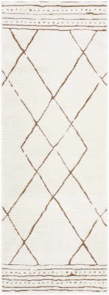 Close-up of Keone Area Rug: beige rug with a brown diamond pattern and striped border. Farmhouse style. Design-Runner-2773