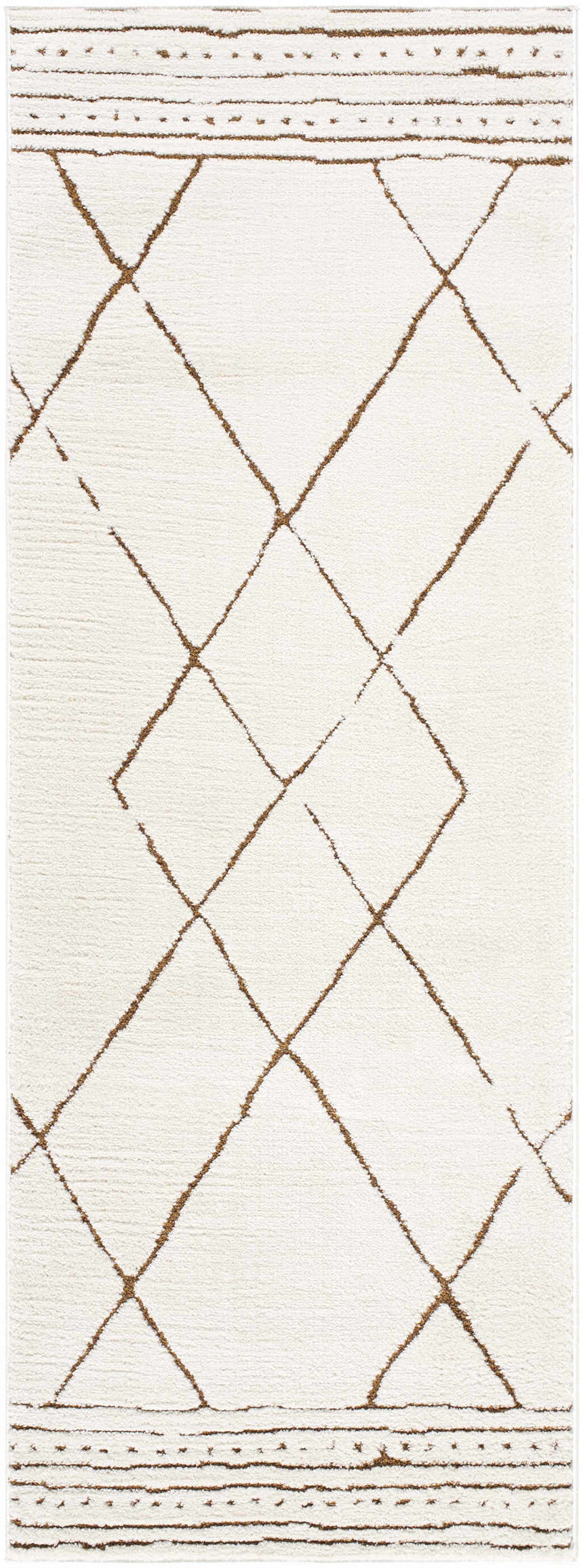 Close-up of Keone Area Rug: beige rug with a brown diamond pattern and striped border. Farmhouse style. Design-Runner-2773