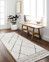 Entryway scene with a beige Keone Area Rug runner, wood bench, plant, and natural decor. Roomscene-Runner
