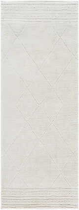 Close-up of the Keone Ivory Area Rug showing the diamond pattern and textured beige, ivory, and off-white colors. Design-Runner-2773