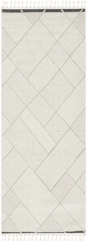 Close-up of the Tale Area Rug featuring a geometric diamond pattern in beige, bone, and gray with decorative tassels. Design-Runner-2773