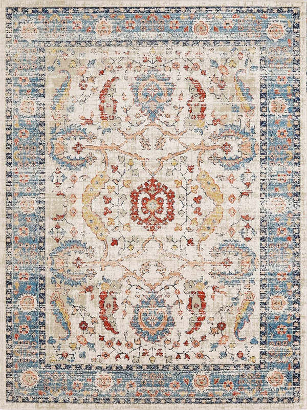 Shafter Traditional Outdoor Area Rug with brick red, cream, denim, and navy oriental-inspired pattern. Design-Rectangle