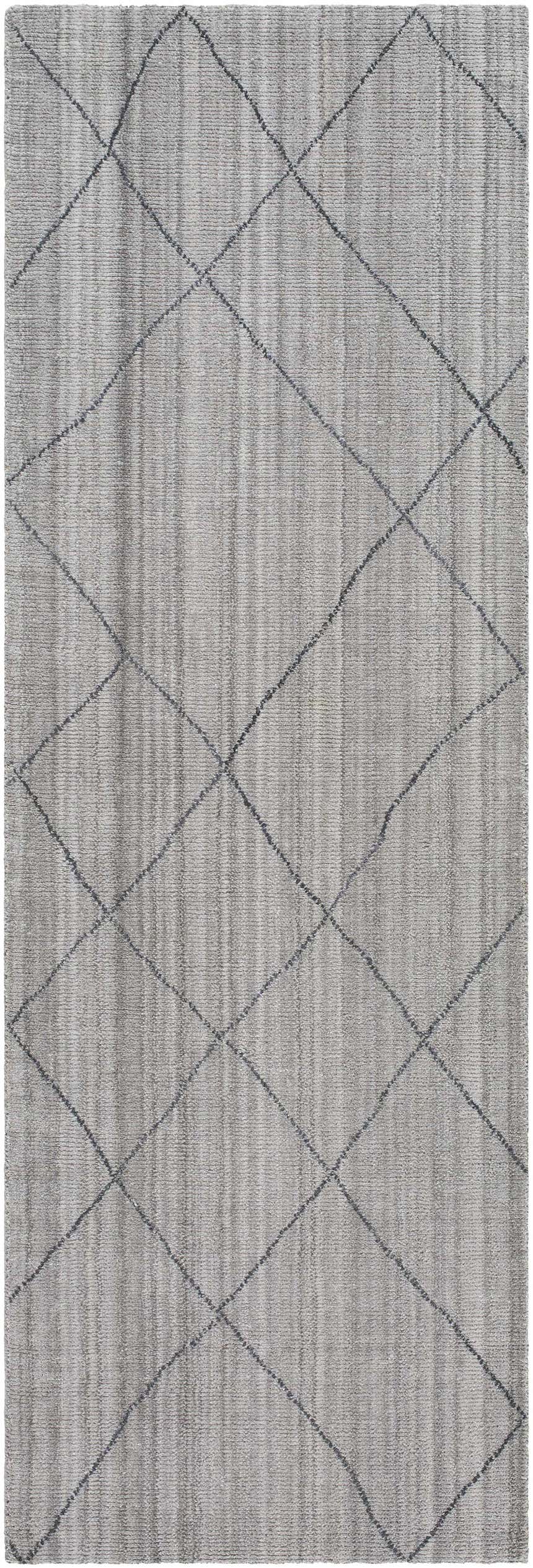 Close-up of the Nari Light Gray Area Rug. Features a diamond pattern on a textured light gray cotton rug. Design-Runner-268