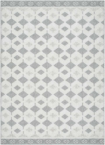Close-up of the Salil Ivory Area Rug. Features a geometric diamond pattern in cream, ivory, and light gray. Design-Rectangle-537