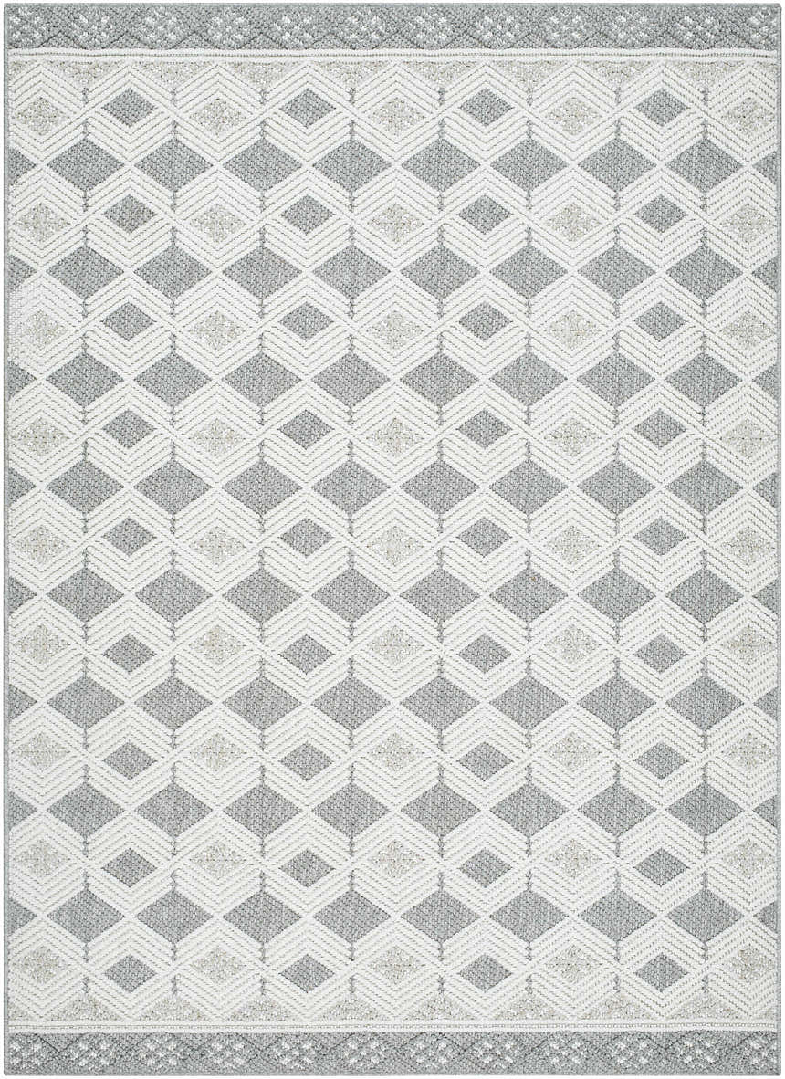 Close-up of the Salil Ivory Area Rug. Features a geometric diamond pattern in cream, ivory, and light gray. Design-Rectangle-537