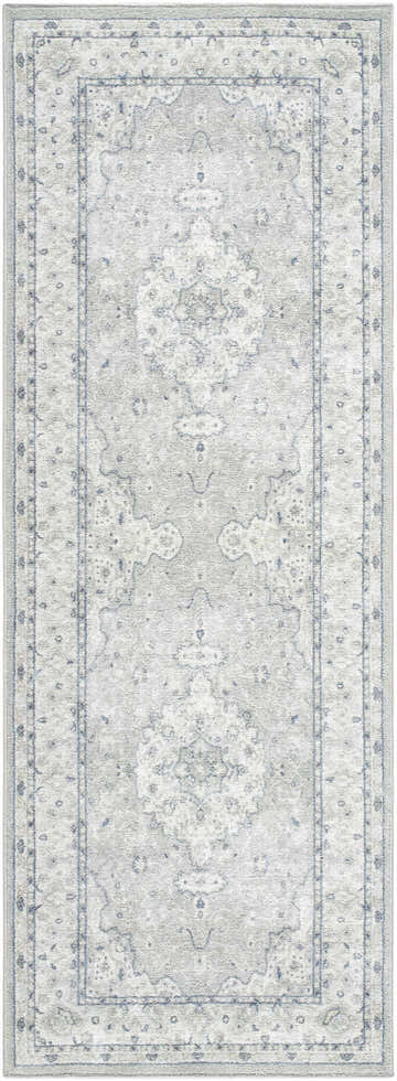 Close-up of the Farai Gray Medallion Area Rug, showcasing its traditional pattern and soft gray, light gray, and blue hues. Design-Runner-2773
