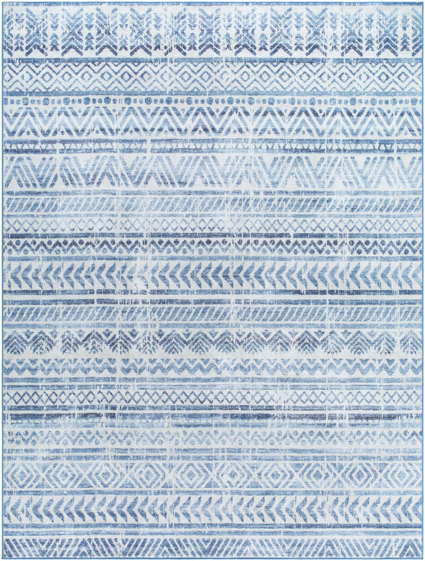 Close-up of the Ianna Arctic Stone Washable Area Rug. Farmhouse style with blue, gray, and geometric patterns. Design-Rectangle-710106