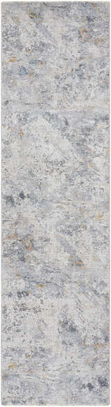Close-up of the Amzie Area Rug, featuring a contemporary abstract design in cloud gray, dark gray, and nutmeg hues. Design-Runner-2710