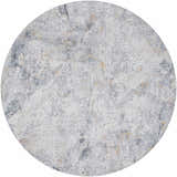 Close-up of the round Amzie Area Rug. Features a contemporary gray, nutmeg, and white abstract design. Design-Round-67