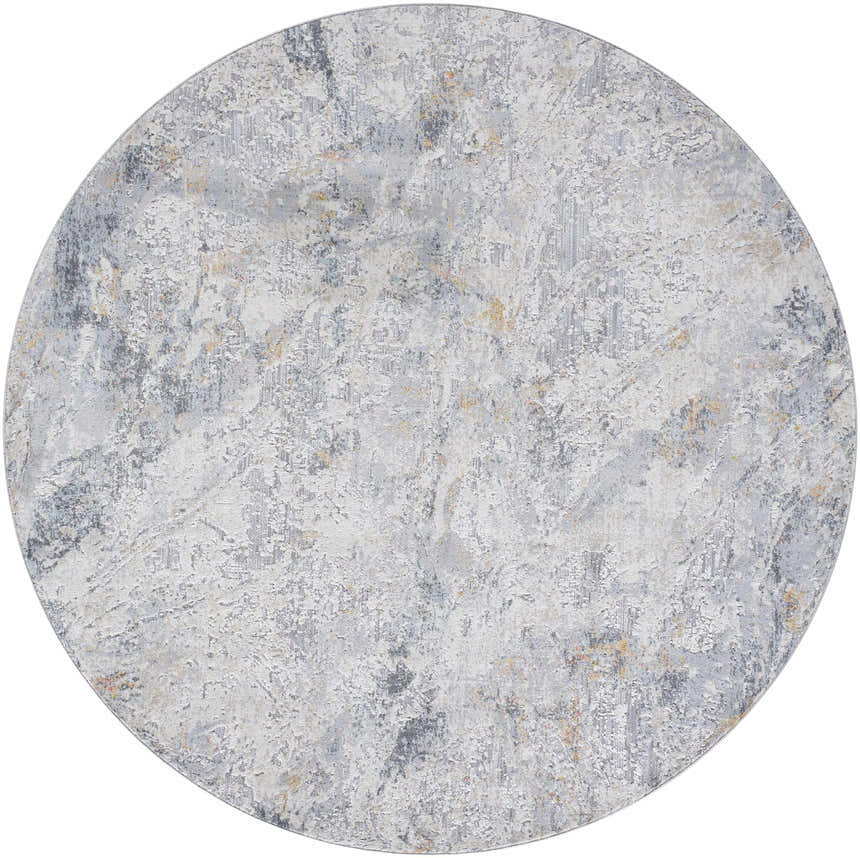 Close-up of the round Amzie Area Rug. Features a contemporary gray, nutmeg, and white abstract design. Design-Round-67