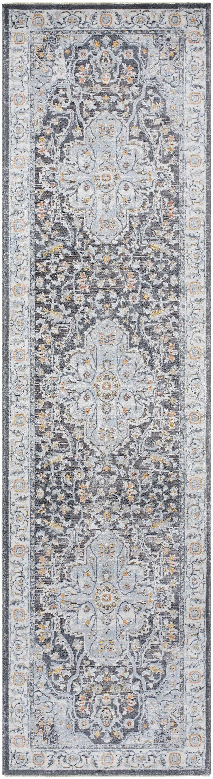 Detailed view of the Hayfa Area Rug in dark gray, light gray, and orange floral traditional pattern. Design-Runner-2710