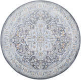 Round Hayfa Area Rug, clearance item. Gray, light gray, and gold traditional floral pattern. Machine woven rug. Design-Round-53
