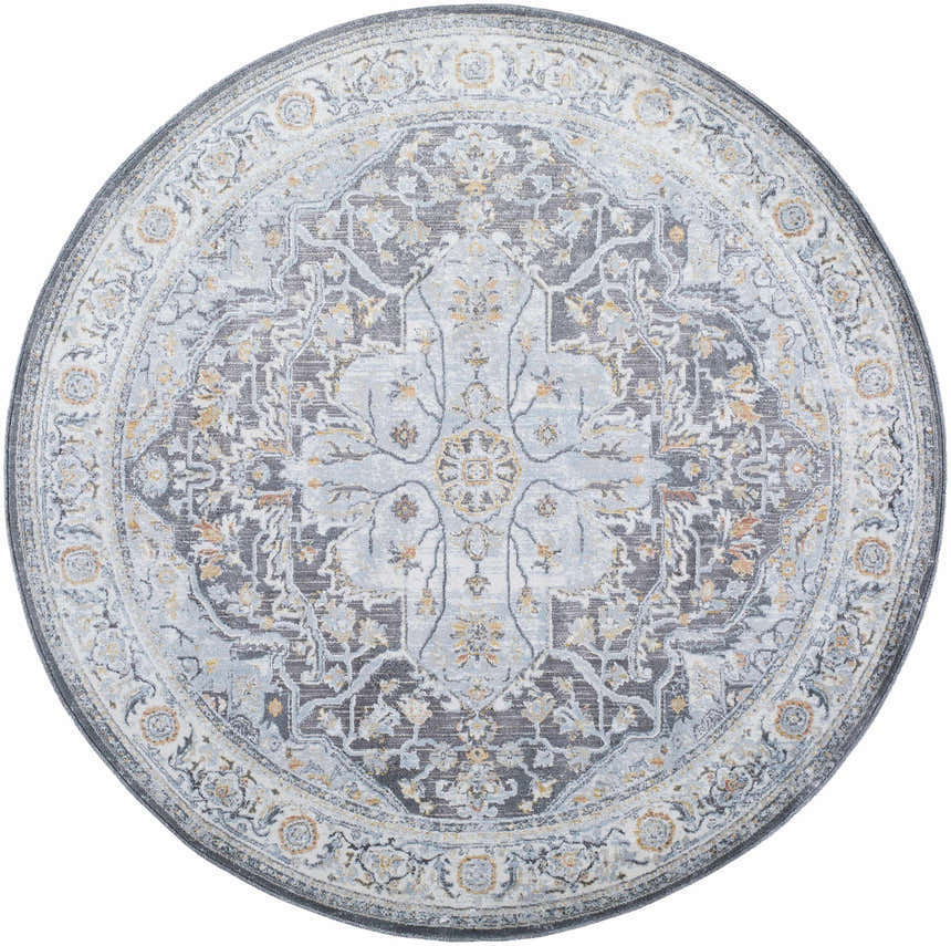 Round Hayfa Area Rug, clearance item. Gray, light gray, and gold traditional floral pattern. Machine woven rug. Design-Round-53