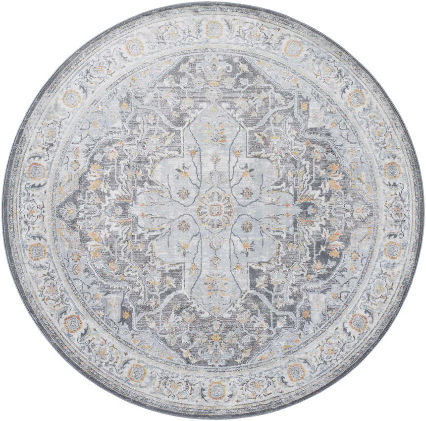 Round Hayfa Area Rug in dark gray, gray, and light gray with a traditional medallion pattern. Clearance item. Design-Round-67