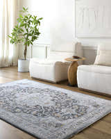 Living room scene with neutral chairs and the gray traditional Hayfa Area Rug. Roomscene-Rectangle