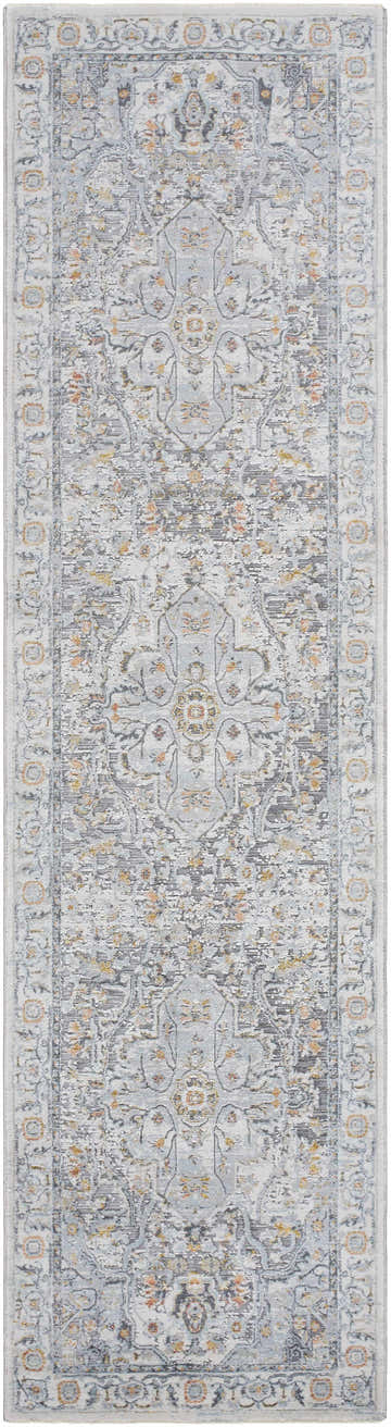 Close-up of the Hewez Area Rug. Traditional design in cloud gray, dark gray, and nutmeg colors. Machine woven texture. Design-Runner-2710