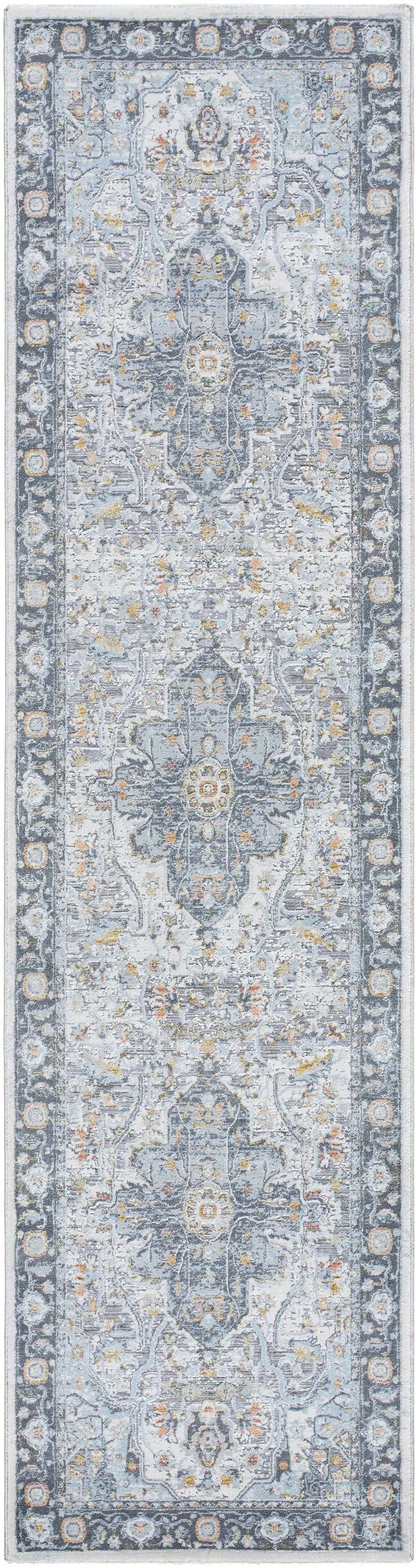 Close-up of the Hovan Area Rug, a gray runner with a traditional, distressed medallion pattern and dark gray border. Design-Runner-2710