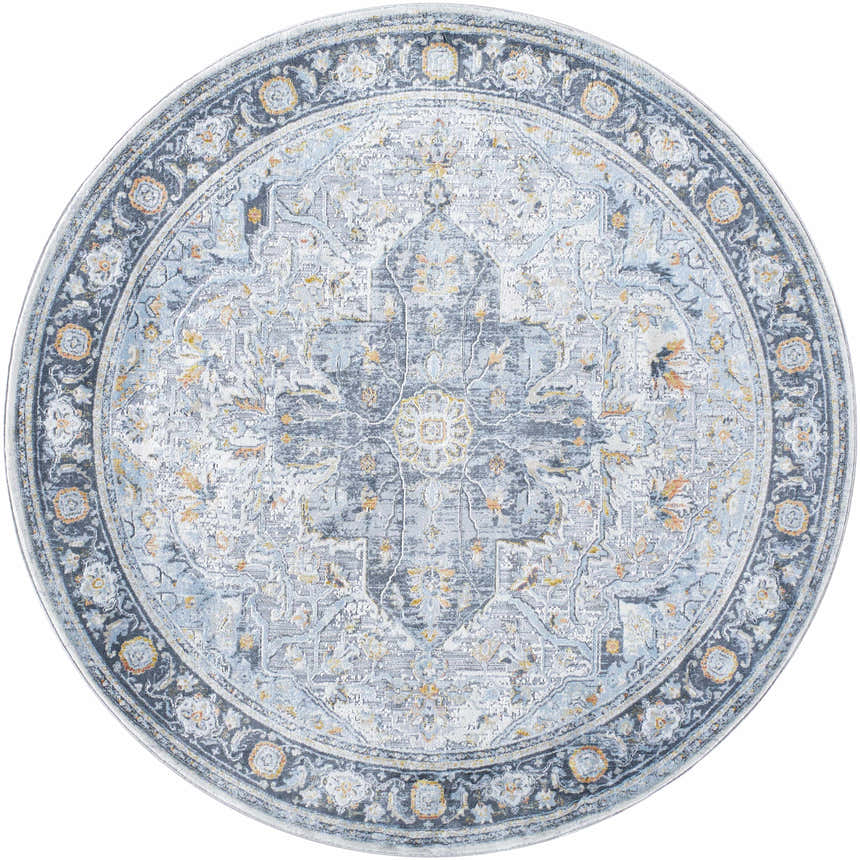 Round Hovan Area Rug - Clearance, featuring a traditional floral medallion pattern in cloud gray, dark gray, and light gray hues. Design-Round-67