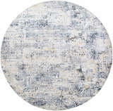 Close-up of round Hyman Area Rug. Abstract design in camel, cloud gray, denim, and gray tones. Contemporary style. Design-Round-67