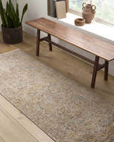 Hallway scene with Alois Rust Rich Textured Traditional Rug, wood bench, and potted snake plant. Roomscene-Runner